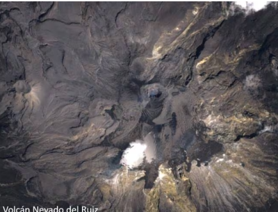 This is what the Nevado del Ruiz volcano looks like from space with its thermal anomaly